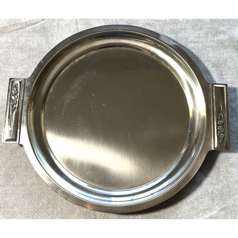 Vtg Rogers Insilco 18-8 Stainless Steel Round Serving Tray Floral Handles Japan